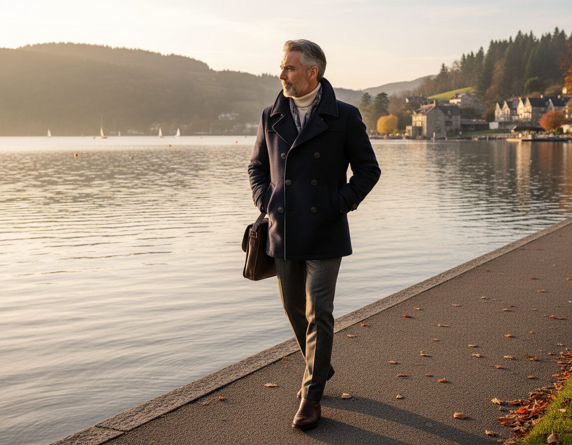 Lake Geneva man walking in a Schott Bros. pea coat next to the lake