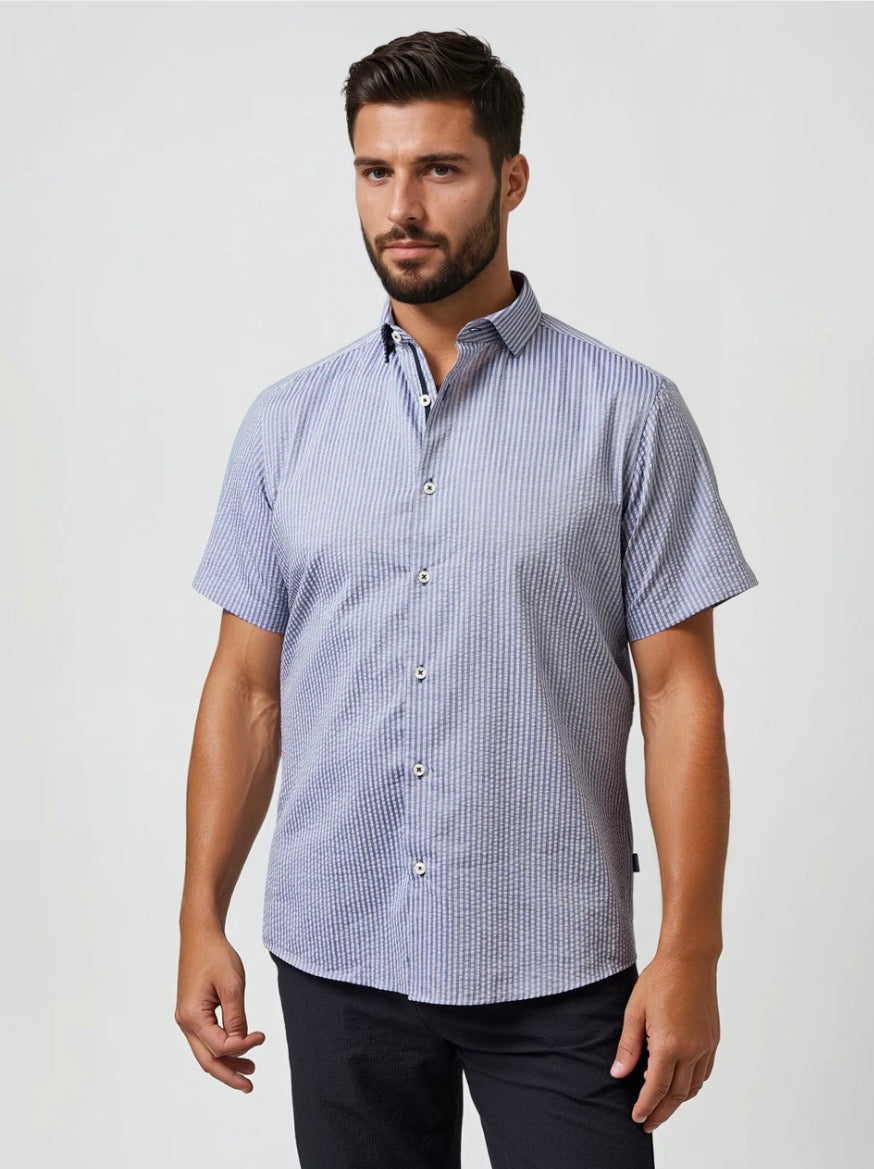 Stone Rose BOARDWALK - Navy Seersucker Shoreline Stripe Shirt