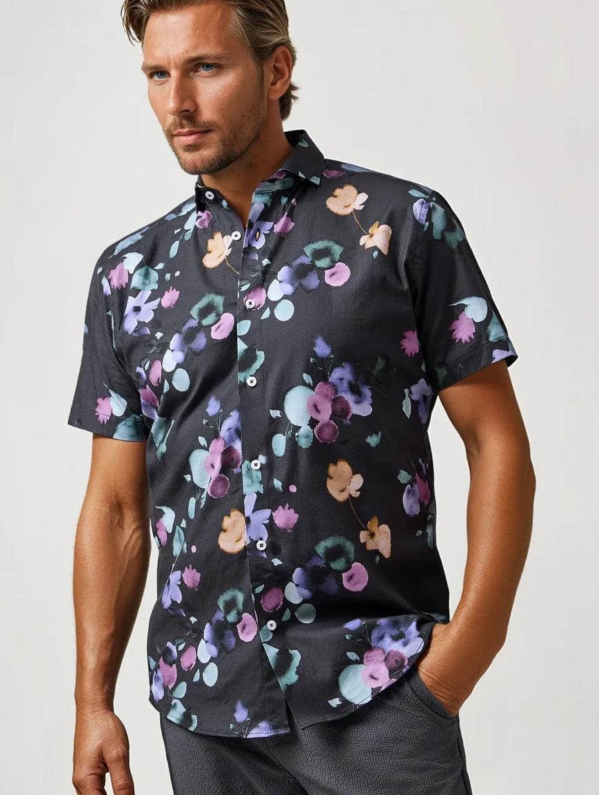 Stone Rose Nova - Charcoal Watercolor Floral Shirt