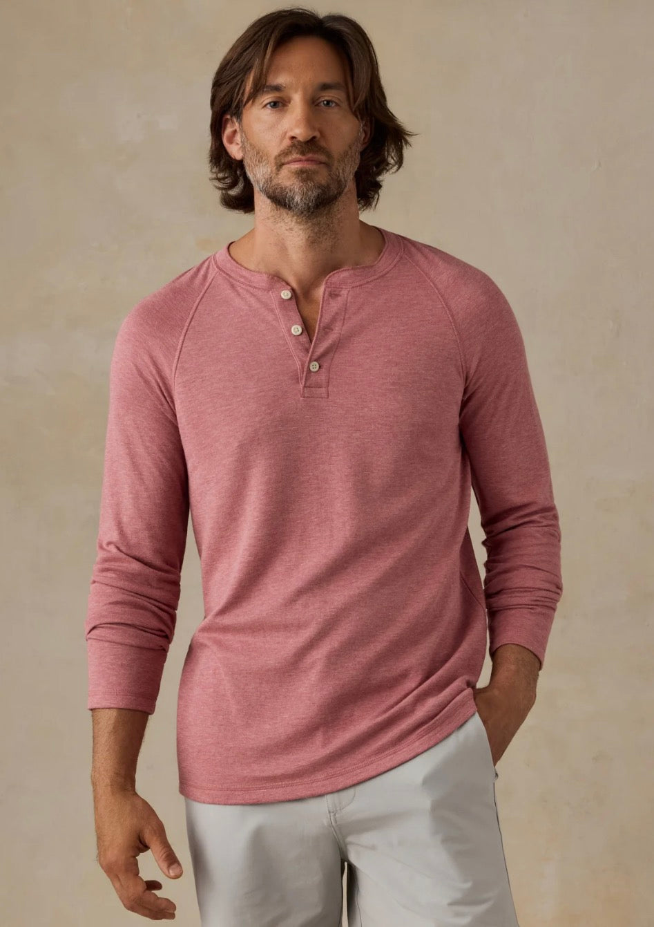 Faherty Long-Sleeve Cloud Henley - Red Sunrose Feeder