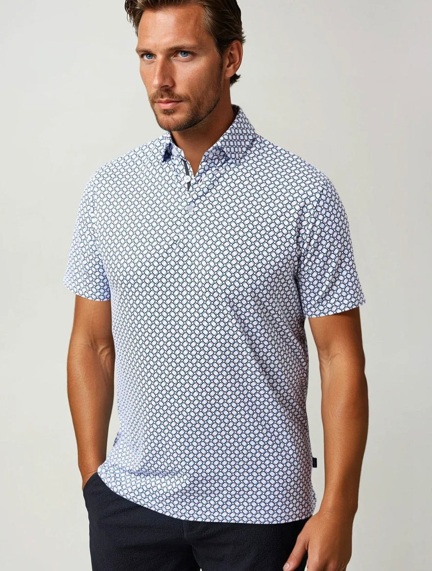 Stone Rose Apex - White Geo Print Stretch Polo