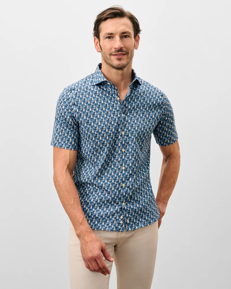 Johnnie-O Tencel Blend Short Sleeve Button Down Shirt - Sailboat Print