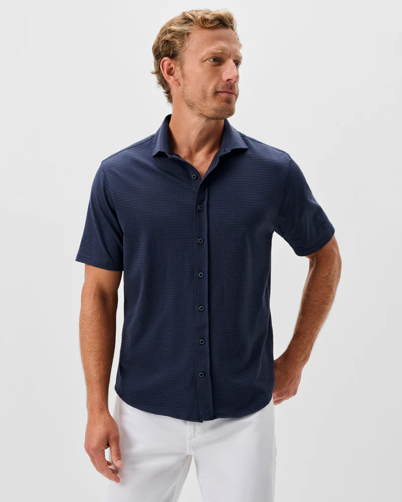 Johnnie-O Surfsucker Knit Short Sleeve Button Down Shirt - Stretch Knit Solid